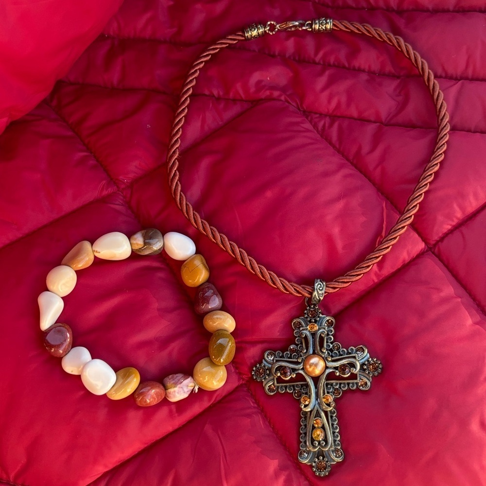Corded Crucifix Cross Choker Necklace & Multicolored Jasper Beaded Bracelet Set